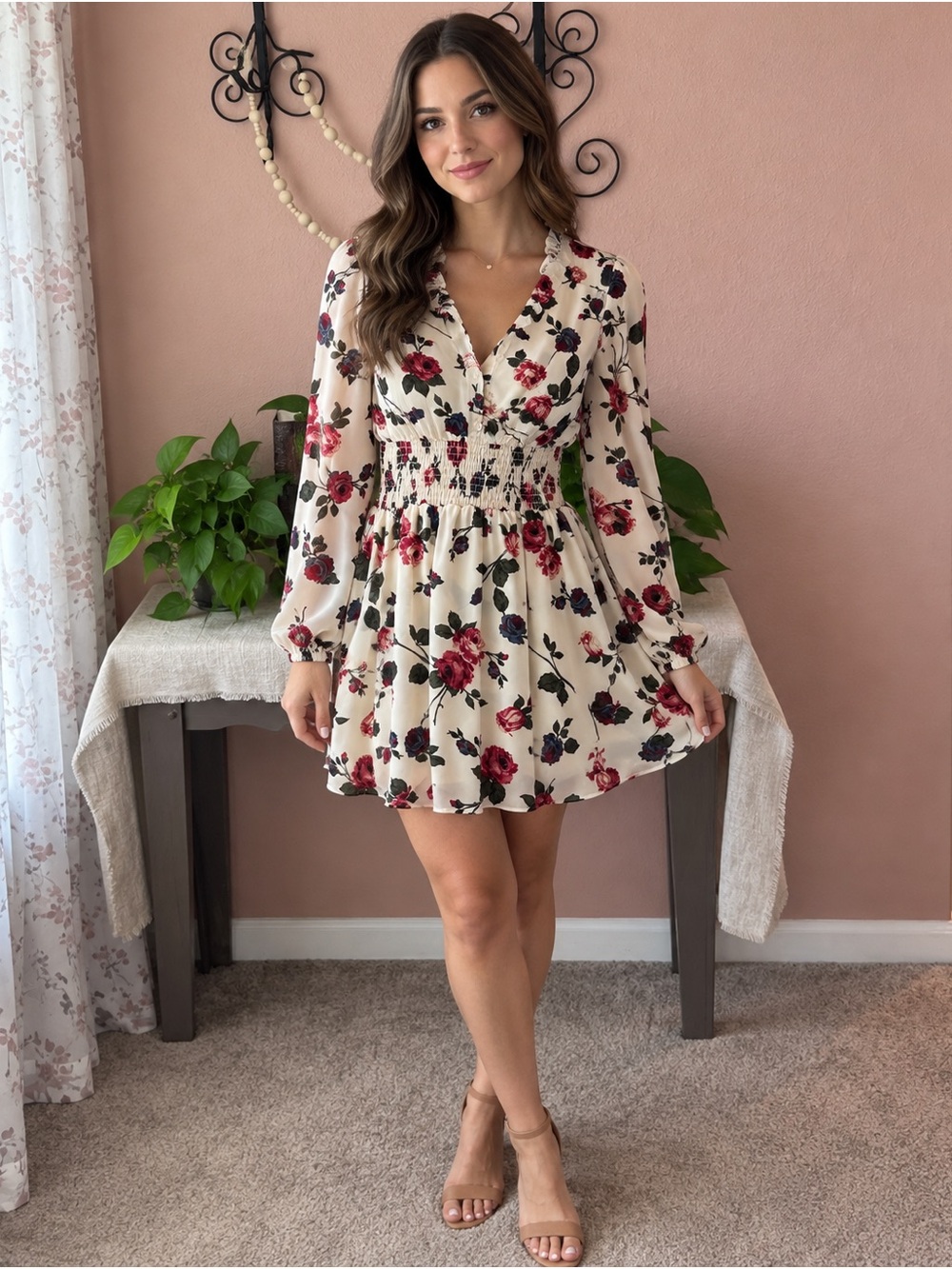 J for Justify Cream Floral V-Neck Smocked Waist Dress